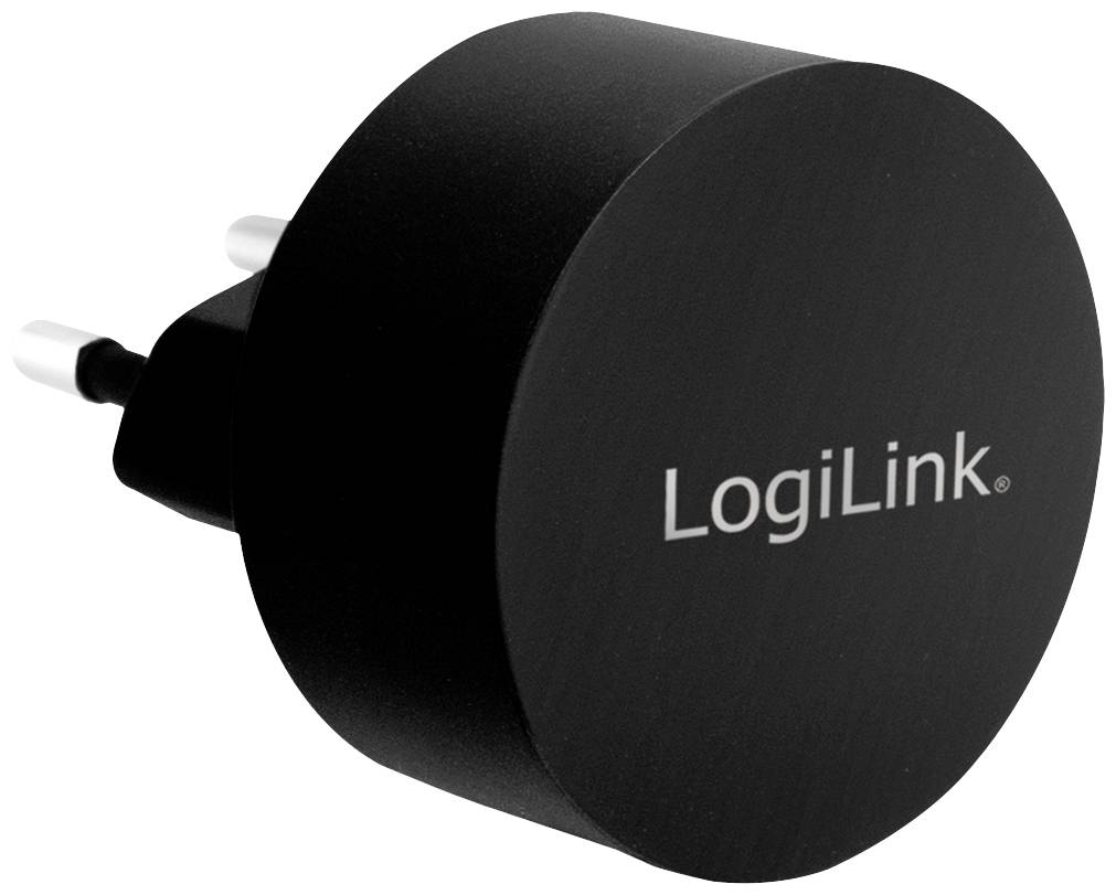 Schwarzes LogiLink-Ladegerät mit EU-Stecker. Geeignet zum Aufladen von USB-Geräten. Kompaktes Design, tragbar und leichtgewichtig.