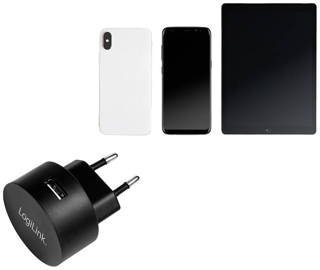 Ein USB-Ladegerät und drei Geräte: ein Smartphone mit hellem Gehäuse, ein Smartphone mit dunklem Gehäuse und ein Tablet.