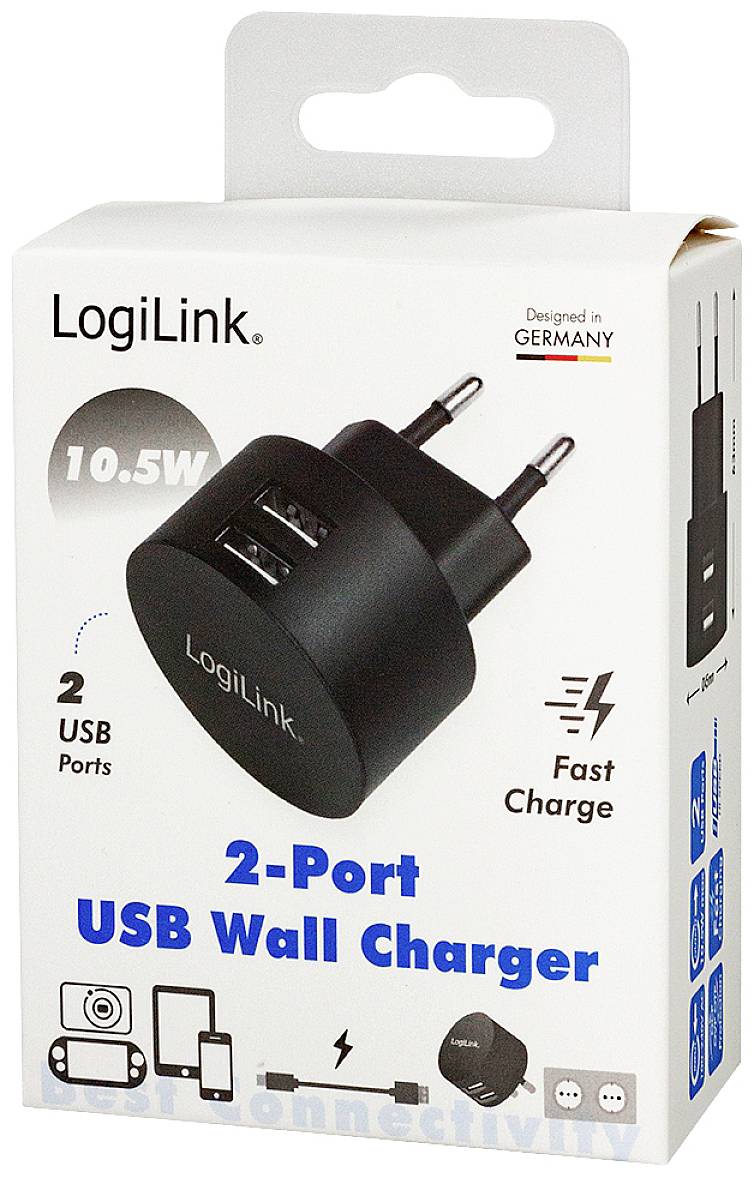 LogiLink USB Ladegerät 10.5W 2x USB-A Schwarz Innenbereich