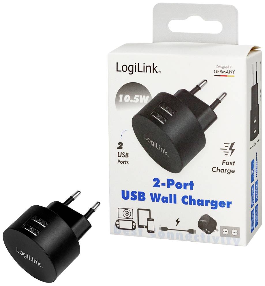 LogiLink USB Ladegerät 10.5W 2x USB-A Schwarz Innenbereich