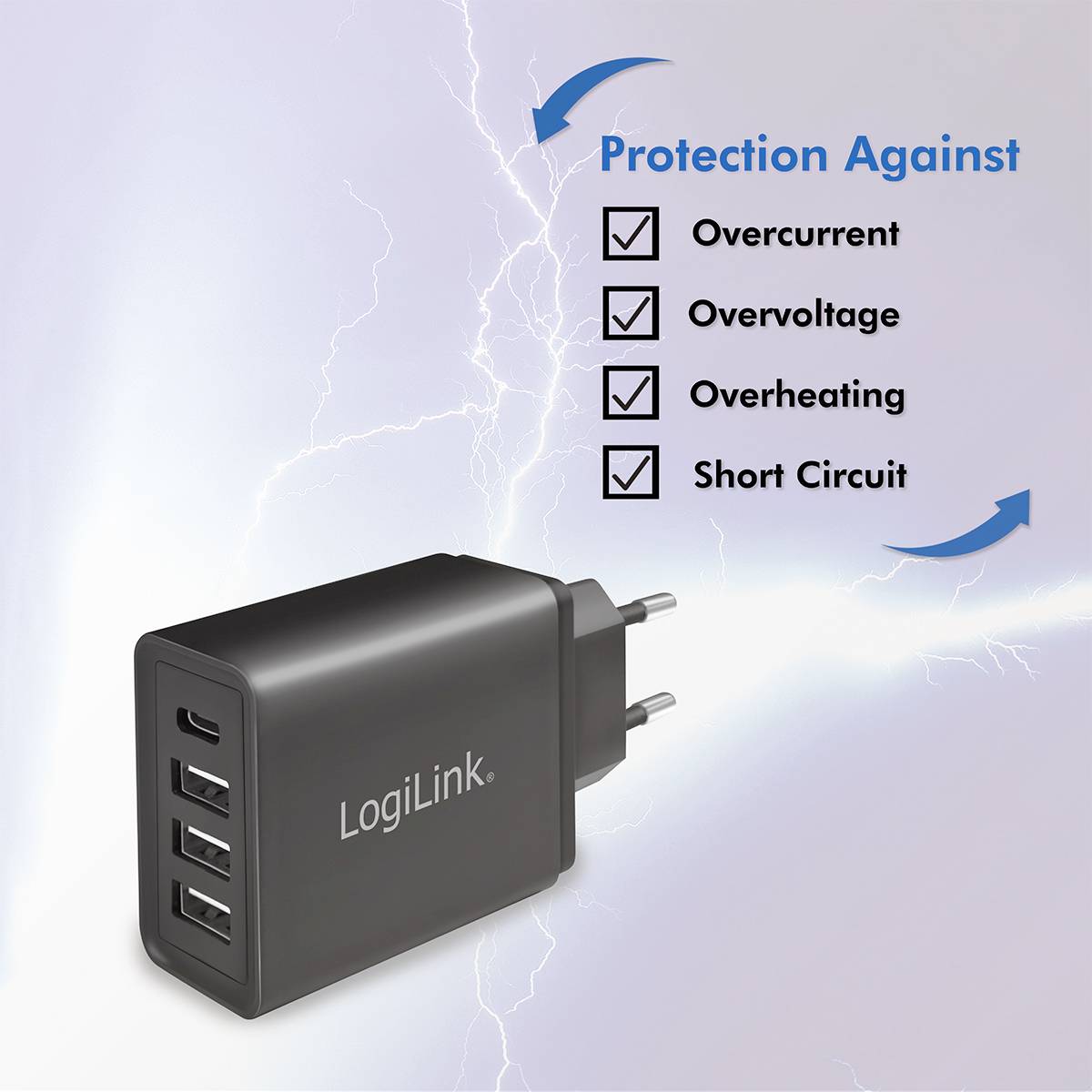LogiLink USB Ladegerät 15 W 1x USB-C®, 3x USB-A Schwarz Innenbereich