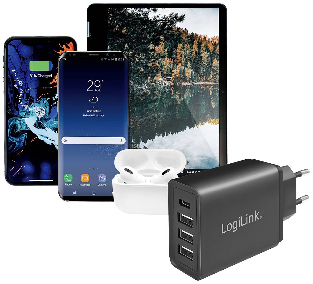 LogiLink USB Ladegerät 15 W 1x USB-C®, 3x USB-A Schwarz Innenbereich