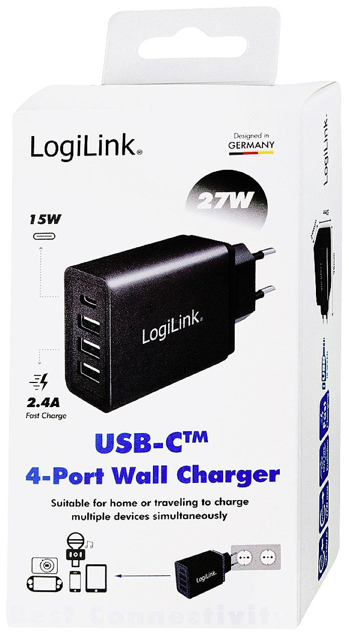 LogiLink USB Ladegerät 15 W 1x USB-C®, 3x USB-A Schwarz Innenbereich