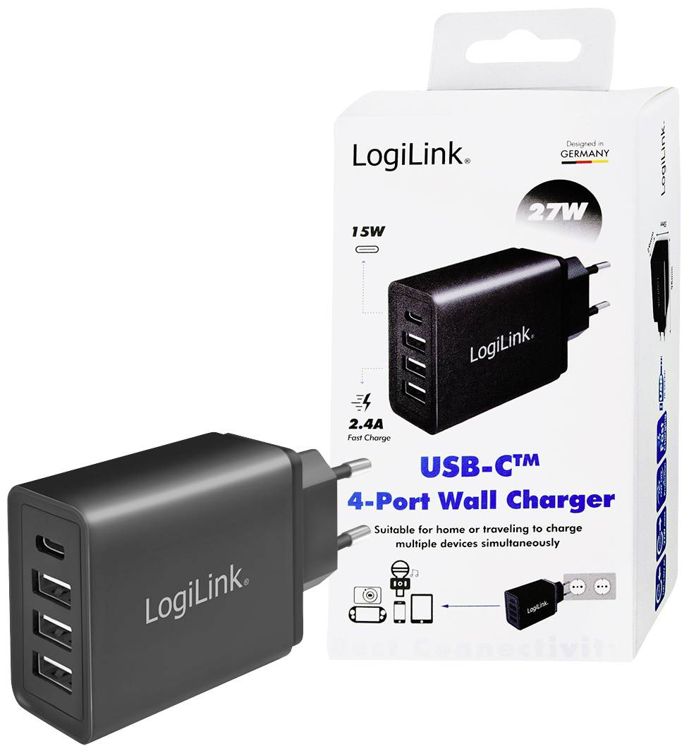 LogiLink USB Ladegerät 15 W 1x USB-C®, 3x USB-A Schwarz Innenbereich