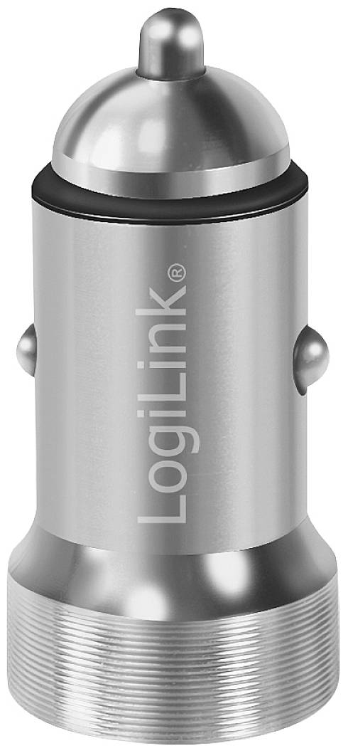 Ein silbernes, zylinderförmiges Ladegerät für den Zigarettenanzünder im Auto mit der Aufschrift 'LogiLink'.