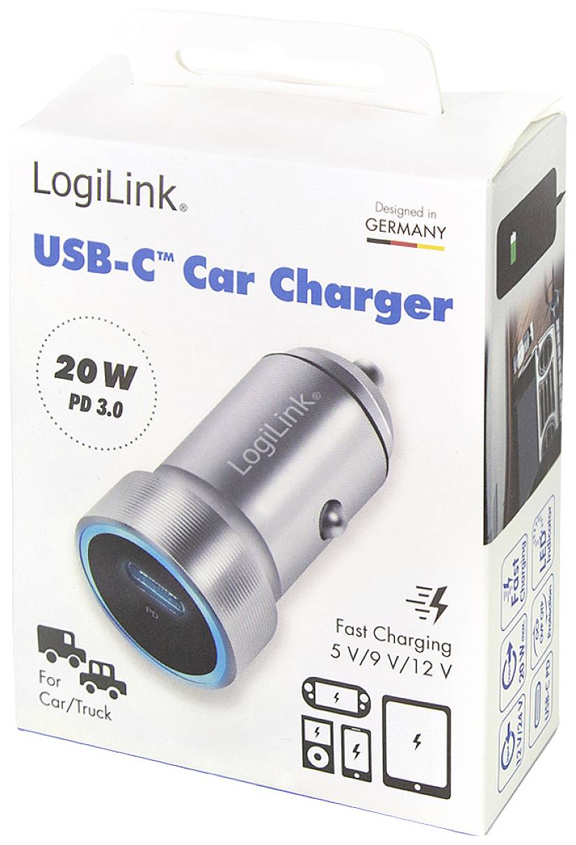 'USB-C Car Charger' Verpackung, LogiLink Marke, 20W Leistung, unterstützt PD 3.0. Schnelles Laden für Auto/LKW, 5V/9V/12V. Design aus Deutschland.