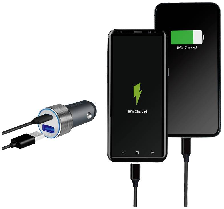Zwei Smartphones werden über ein Autoladegerät aufgeladen; beide zeigen eine Ladesymbolik, eines mit 90 % und das andere mit 80 %.