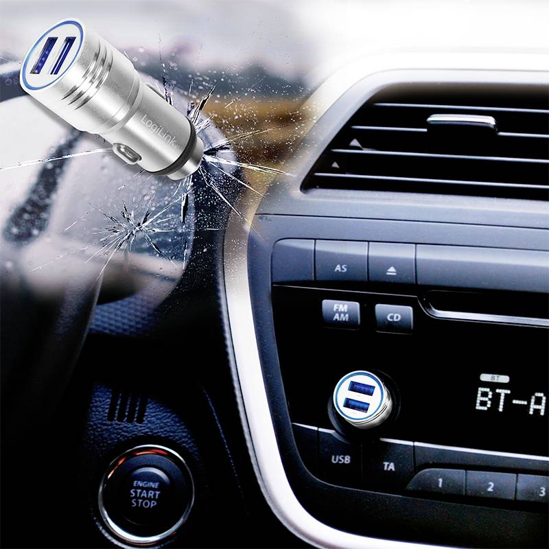 LogiLink USB Ladegerät 10.5W 2x USB-A Silber KFZ Nothammer-Funktion