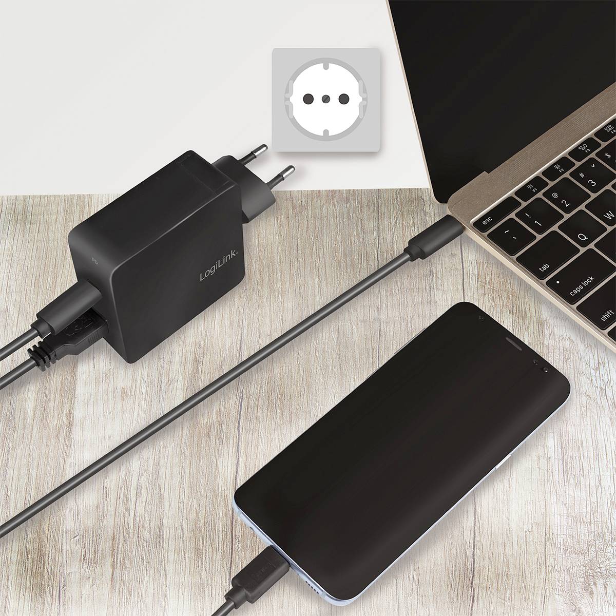 LogiLink USB Ladegerät 65 W 1x USB-A, 1x USB-C® USB PD Schwarz Innenbereich