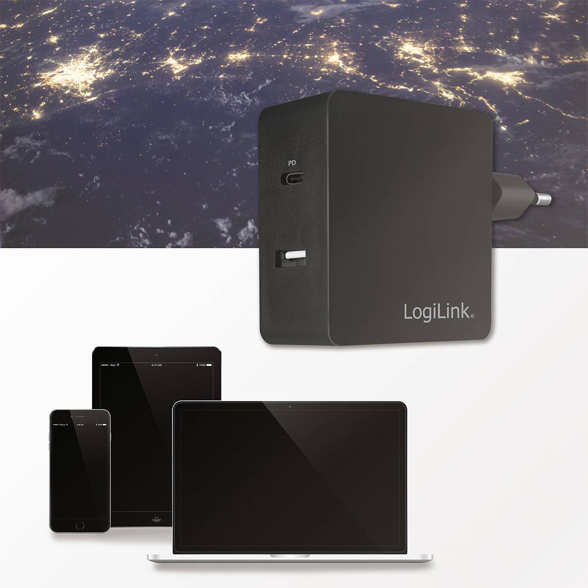 LogiLink USB Ladegerät 65 W 1x USB-A, 1x USB-C® USB PD Schwarz Innenbereich