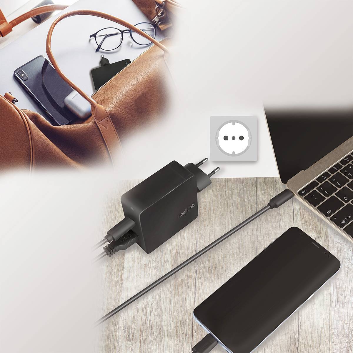LogiLink USB Ladegerät 65 W 1x USB-A, 1x USB-C® USB PD Schwarz Innenbereich