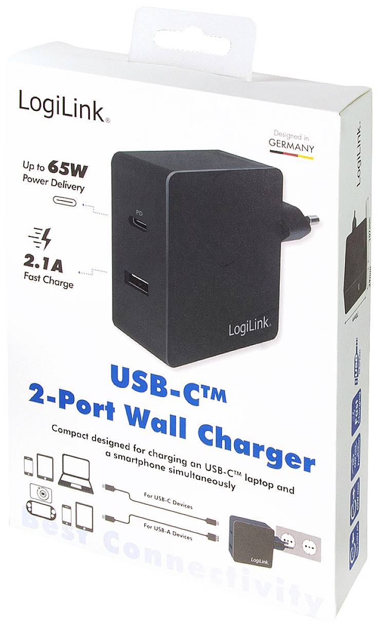 LogiLink USB Ladegerät 65 W 1x USB-A, 1x USB-C® USB PD Schwarz Innenbereich