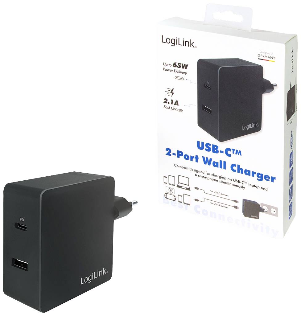 LogiLink USB Ladegerät 65 W 1x USB-A, 1x USB-C® USB PD Schwarz Innenbereich