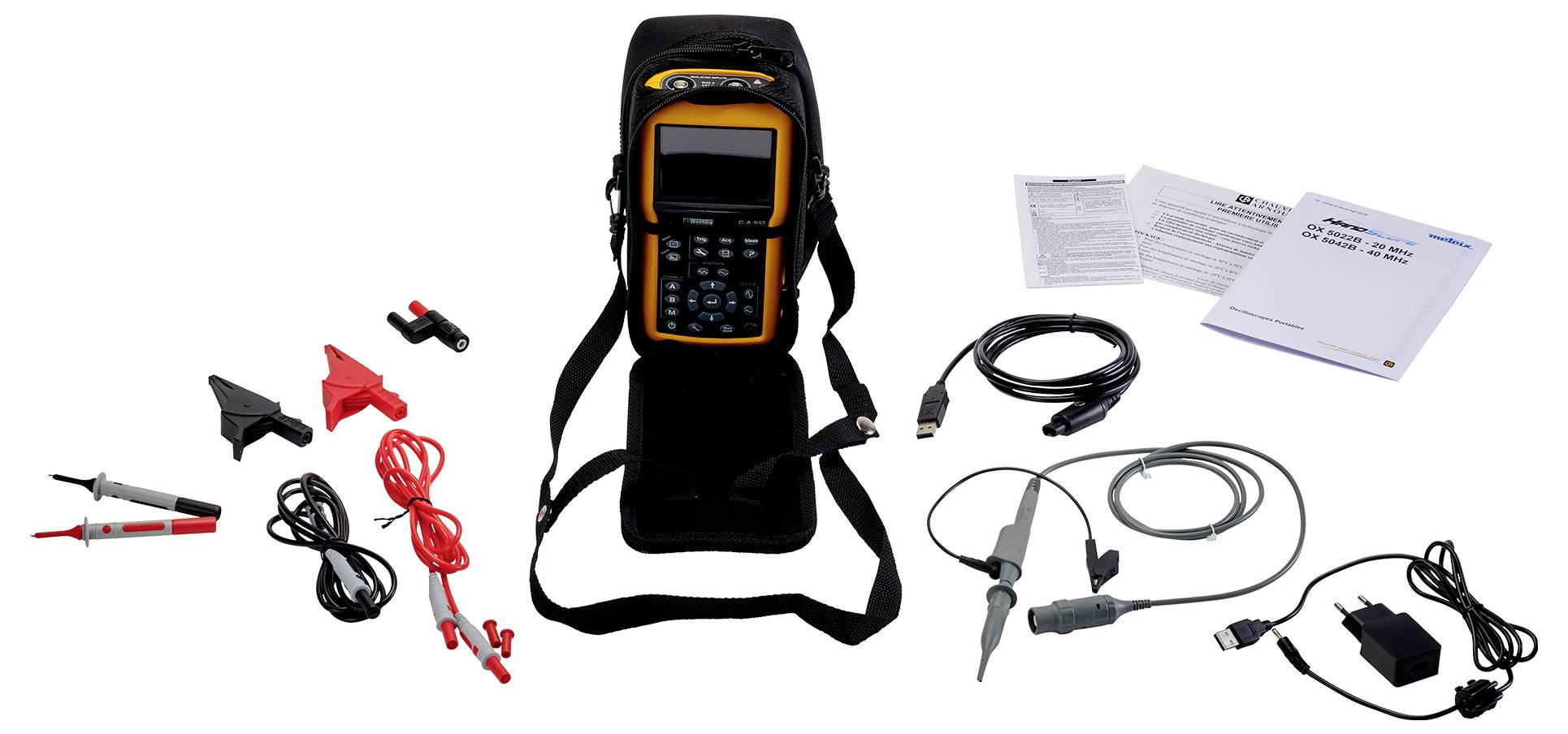 Multimeter-Set mit gelbem Gerät, Messleitungen, Klemmen, Netzteil, USB-Kabel und Bedienungsanleitungen auf weißem Hintergrund.