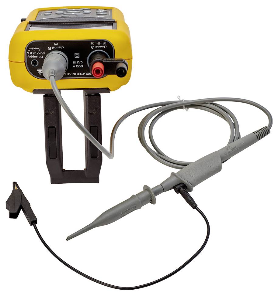 Ein gelbes Handoszilloskop mit angeschlossener Tastspitze und Prüfleitung, bereit zur Fehlersuche in elektronischen Schaltungen.