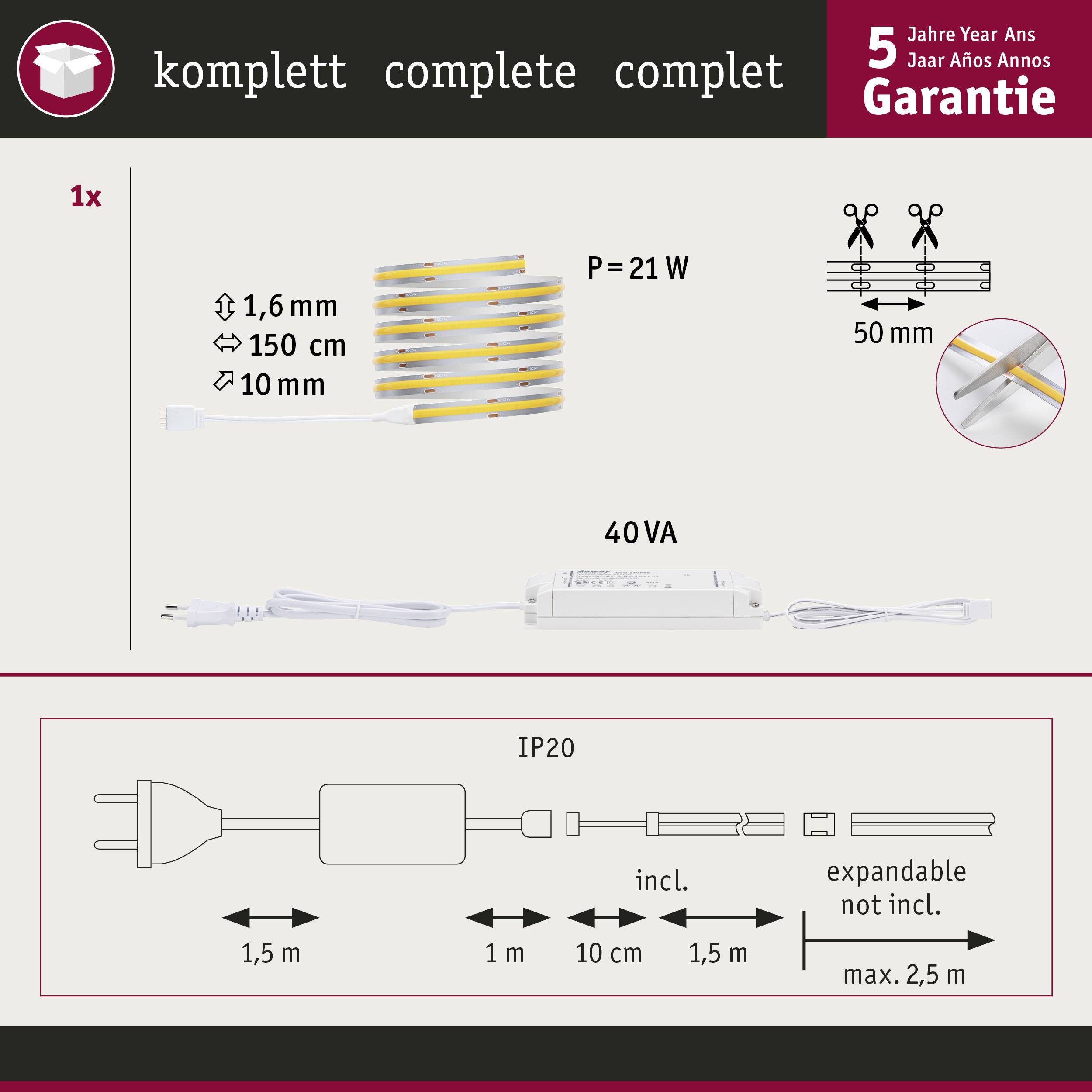 Paulmann 71048 LED-Streifen-Basisset mit Stecker 230 V 1.5 m Warmweiß 1 Set