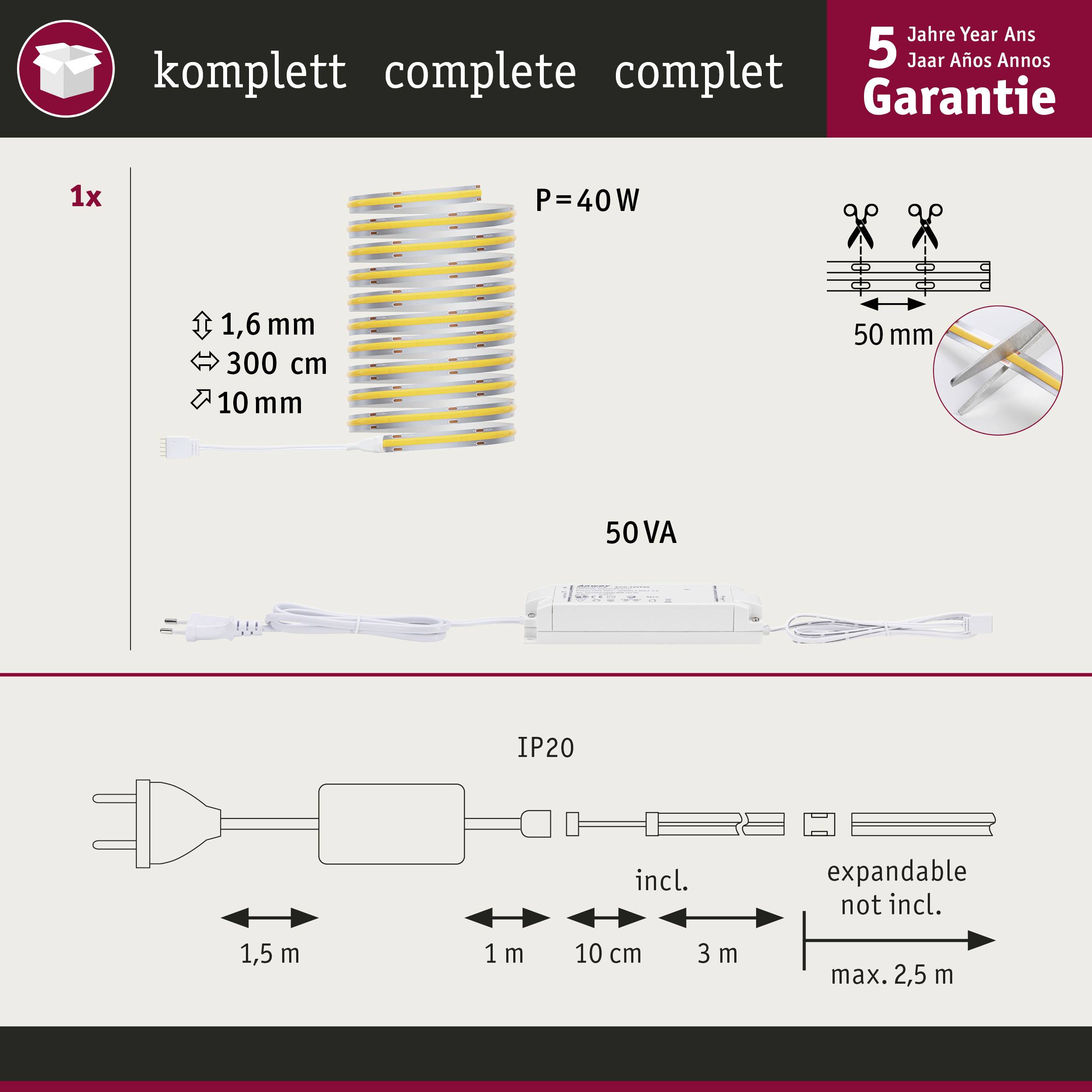 Paulmann 71049 LED-Streifen-Basisset mit Stecker 230 V 3 m Warmweiß 1 Set