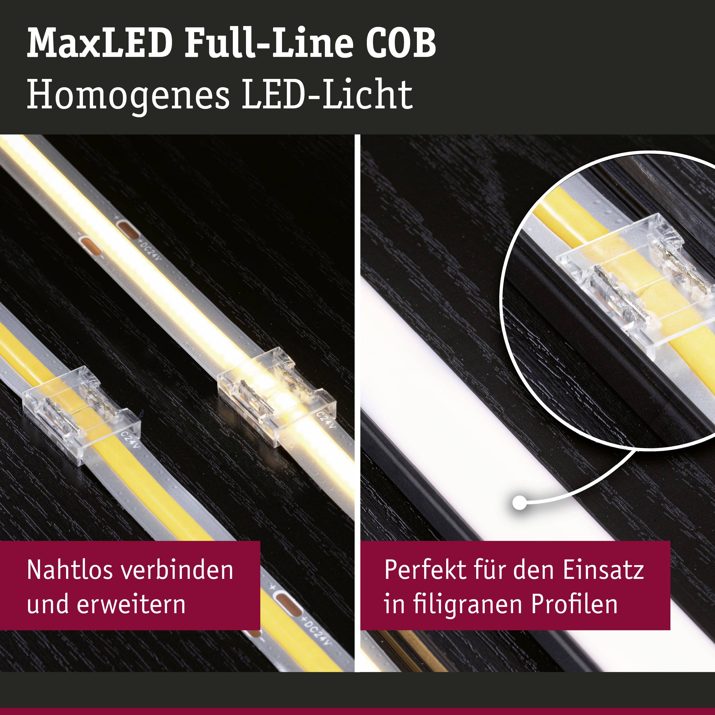 'MaxLED Full-Line COB': Zwei LED-Streifen auf dunklem Hintergrund. Text: 'Nahtlos verbinden', 'Perfekt für den Einsatz in Profilen'.