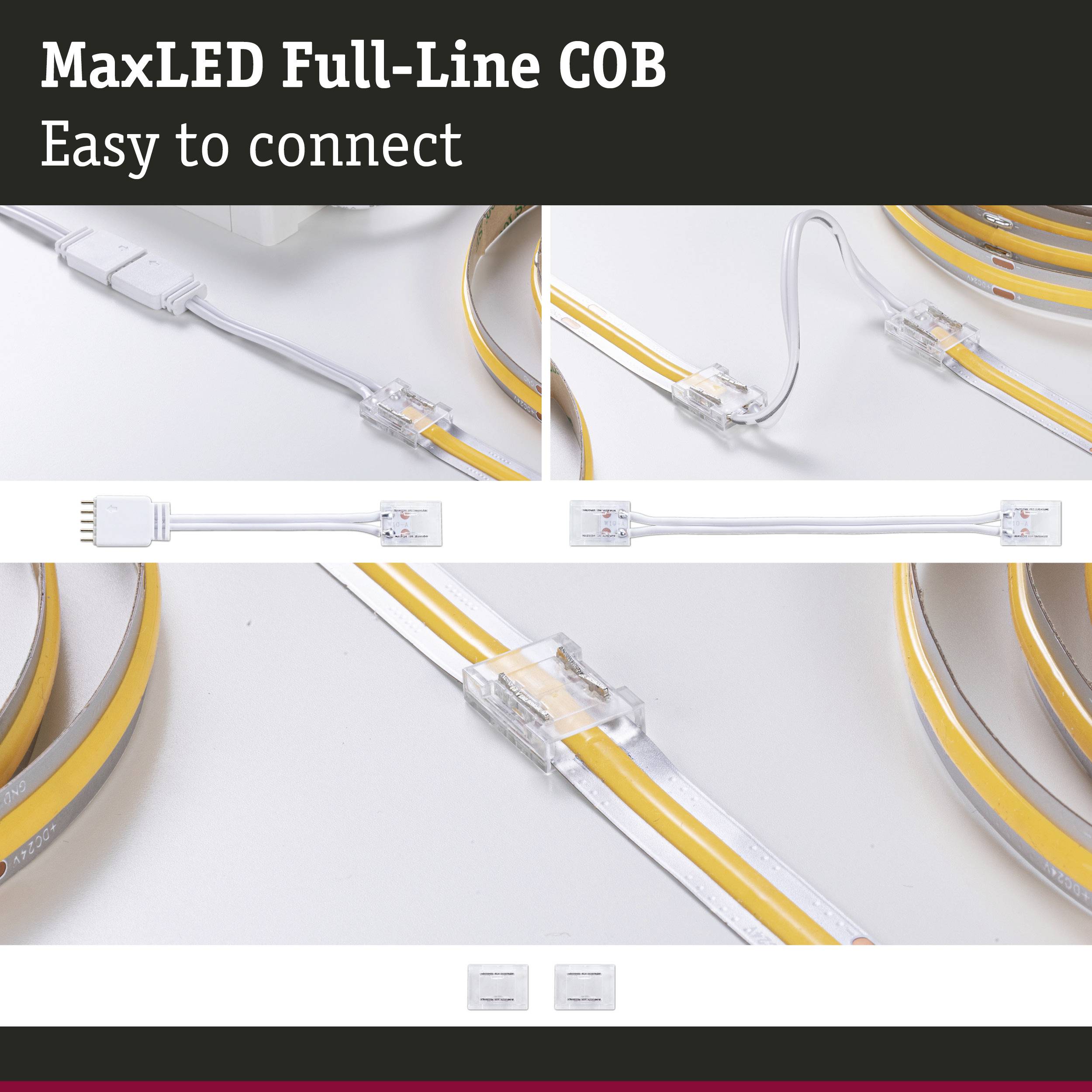 MaxLED Full-Line COB-LED-Streifen, einfach zu verbinden, zeigt die flexible Verbindung und Installationsoptionen.