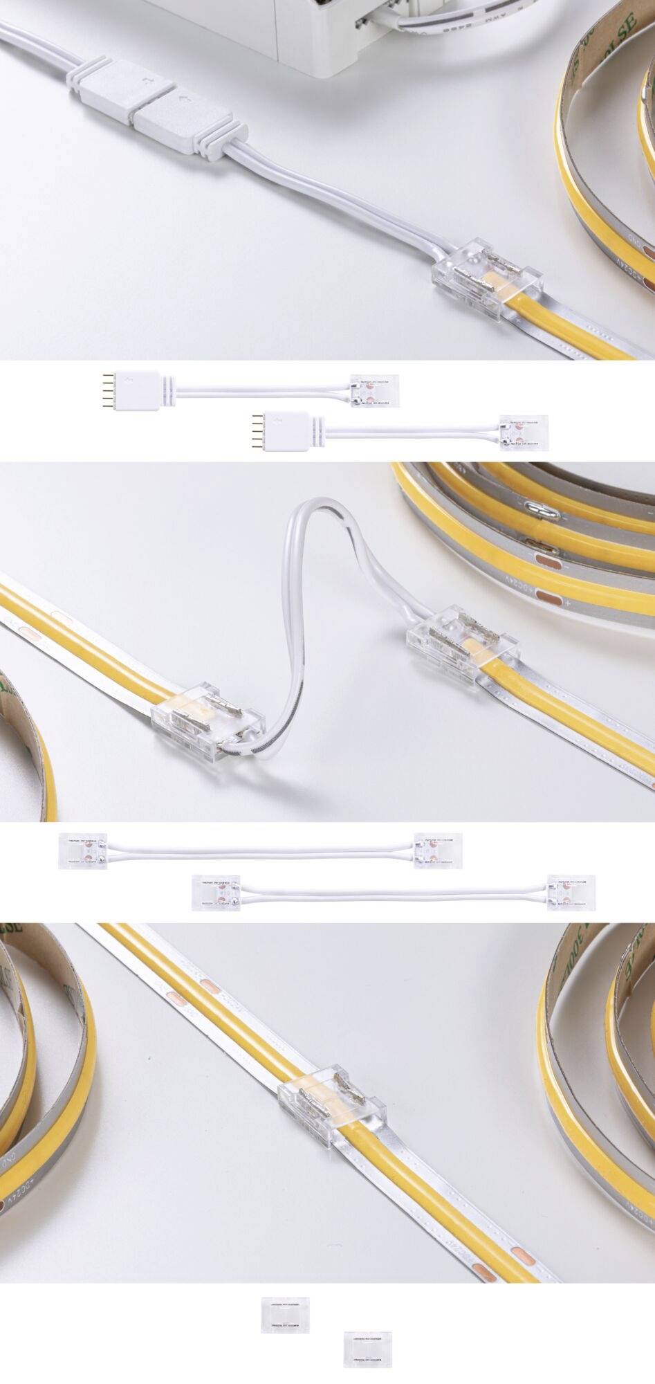 Mehrere Bilder zeigen die Verbindung von LED-Streifen mit Steckverbindern und Kabeln, die zu einem Stromquellengerät führen.