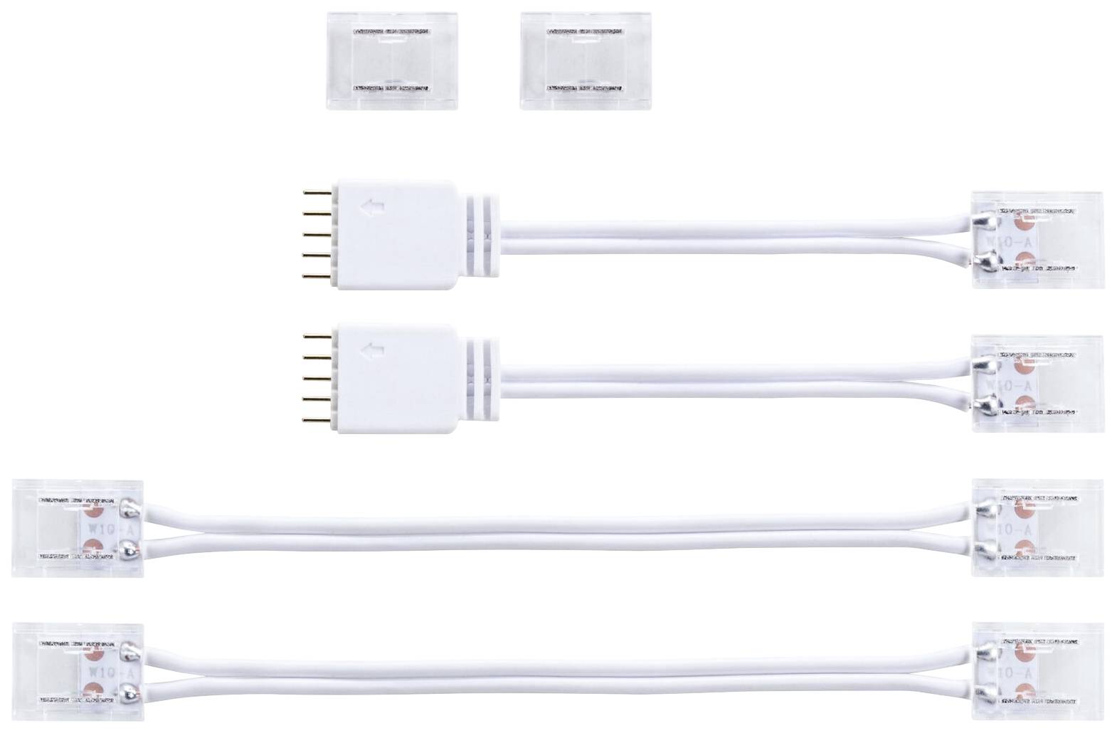 Drei weiße LED-Strip-Verbinder mit Kabeln; oben sind zwei zusätzliche Adapter zu sehen.