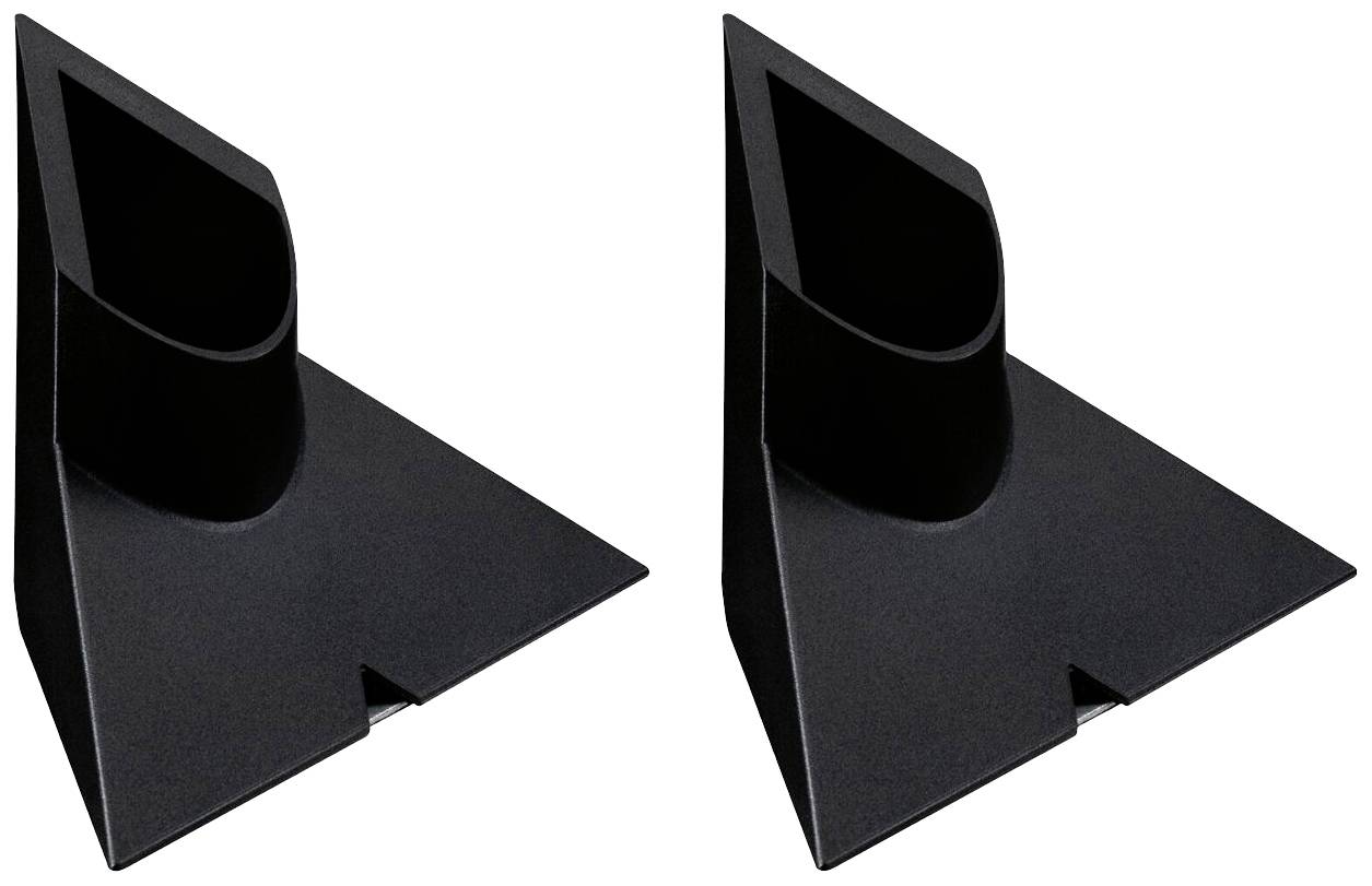 Zwei schwarze Kunststoffständer in dreieckiger Form mit Aussparungen zur Aufnahme von Gegenständen.