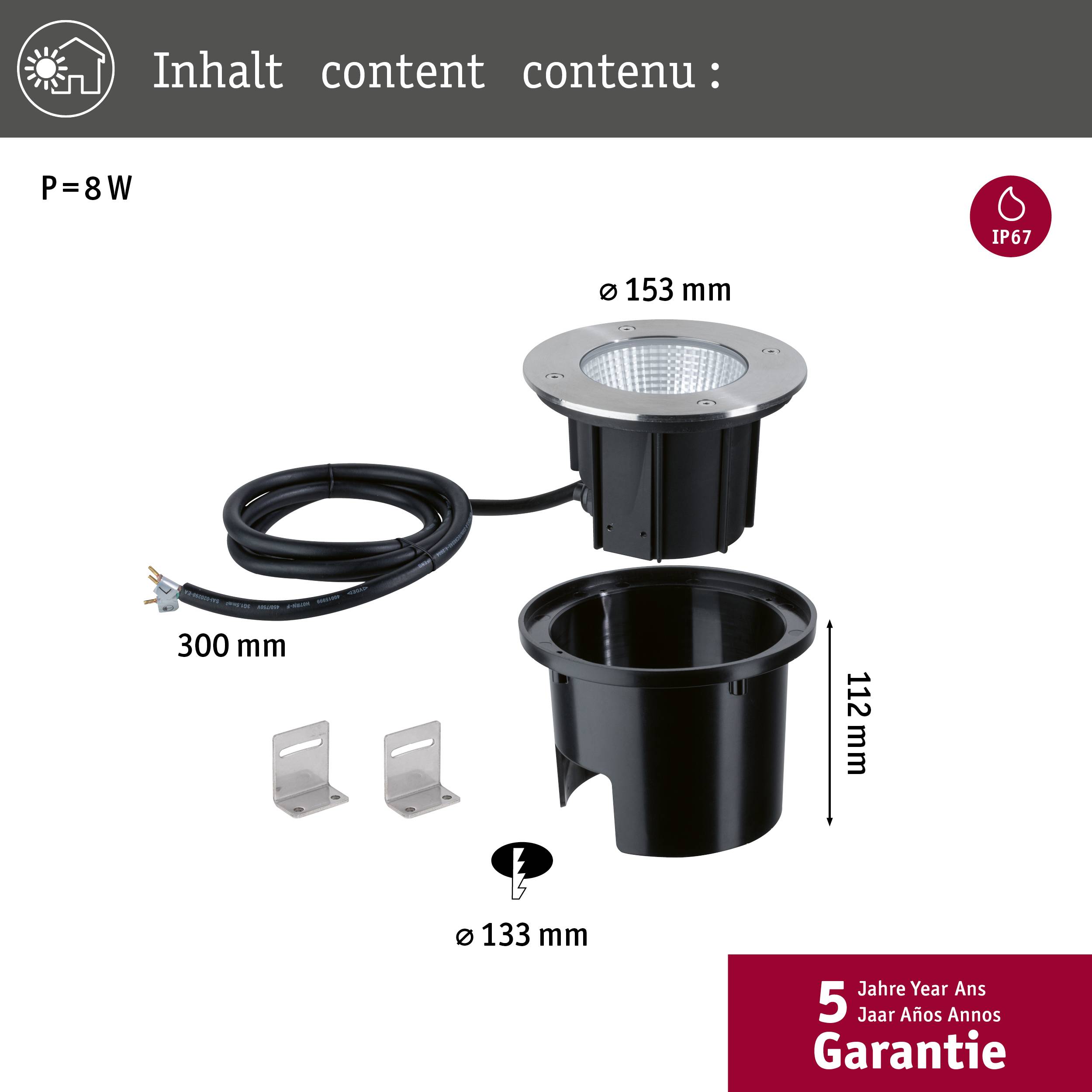 LED-Bodenstrahler: 8W Leistung, Durchmesser 153mm, Höhe 112mm. IP67-Schutz, 300mm Kabel, inkl. Montagezubehör. 5 Jahre Garantie.