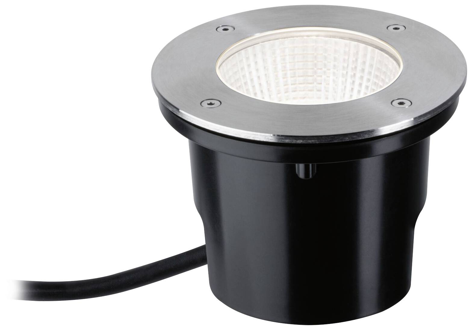 Eine runde, bodenmontierte LED-Außenleuchte aus Metall mit sichtbarem Kabel, geeignet zur akzentuierten Beleuchtung im Freien.
