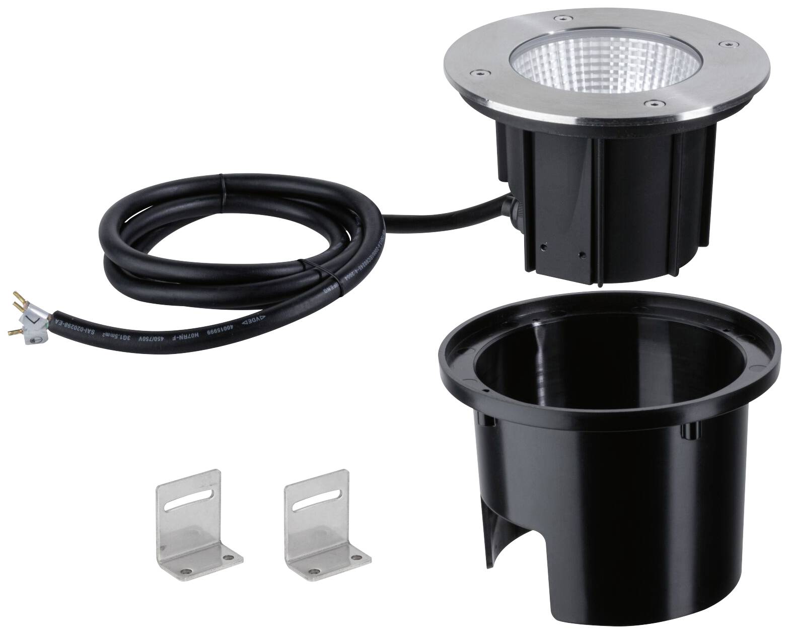 Einbauleuchte mit rundem Metallrahmen und LED-Lichtquelle, schwarzes Gehäuse, Stromkabel und zwei Metallhalterungen.