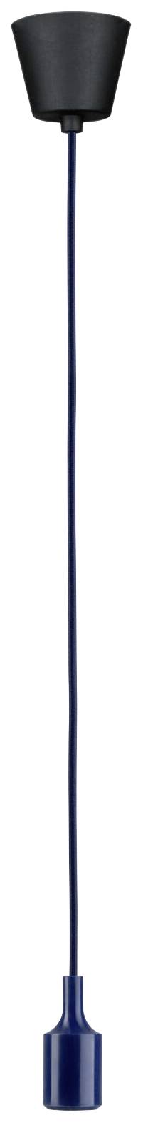 Eine Pendelleuchte mit schwarzem Lampenschirm und langem blauen Kabel, geeignet für moderne Inneneinrichtungen.