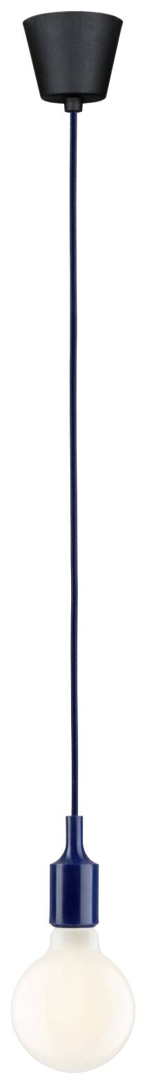 Hängelampe mit schwarzem Aufhängungsteil und blauer Fassung, leuchtende Glühbirne.