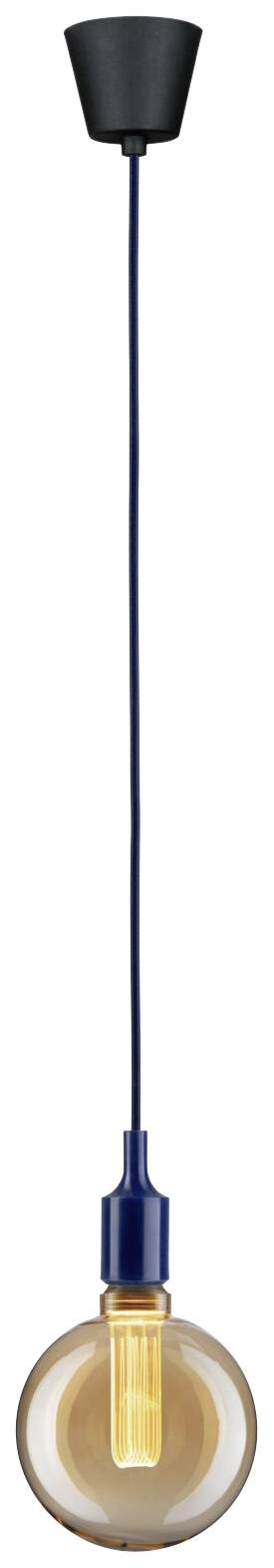 Eine minimalistische Hängelampe mit einem runden, warm leuchtenden Glühbirne und schwarzem Kabel. Ideal für moderne Wohnräume.