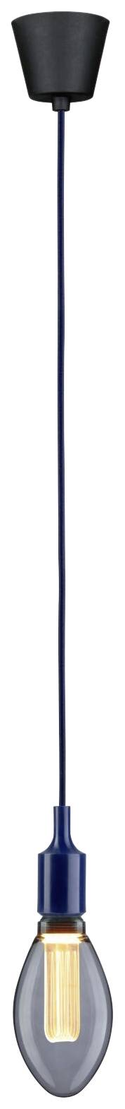 Eine moderne Hängelampe mit schwarzem Sockel und sichtbarem Glühfaden, die ein warmes Licht abgibt.