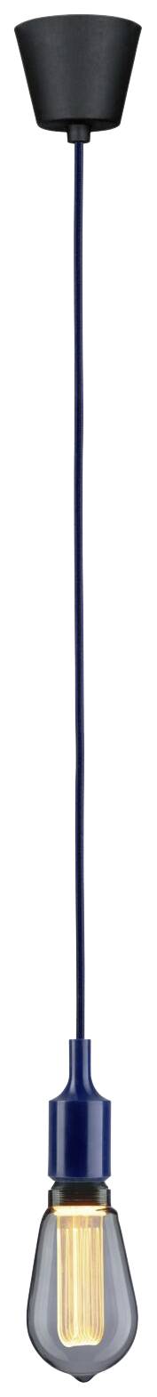 Schwarze Hängelampe mit moderner Edison-Glühbirne, blauem Kabel und schwarzer Deckenhalterung, vor weißem Hintergrund.