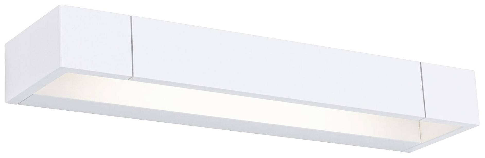 Weiße, rechteckige Wandleuchte mit schlichtem Design, geeignet für moderne Innenräume. Diffuses Licht strahlt nach unten.