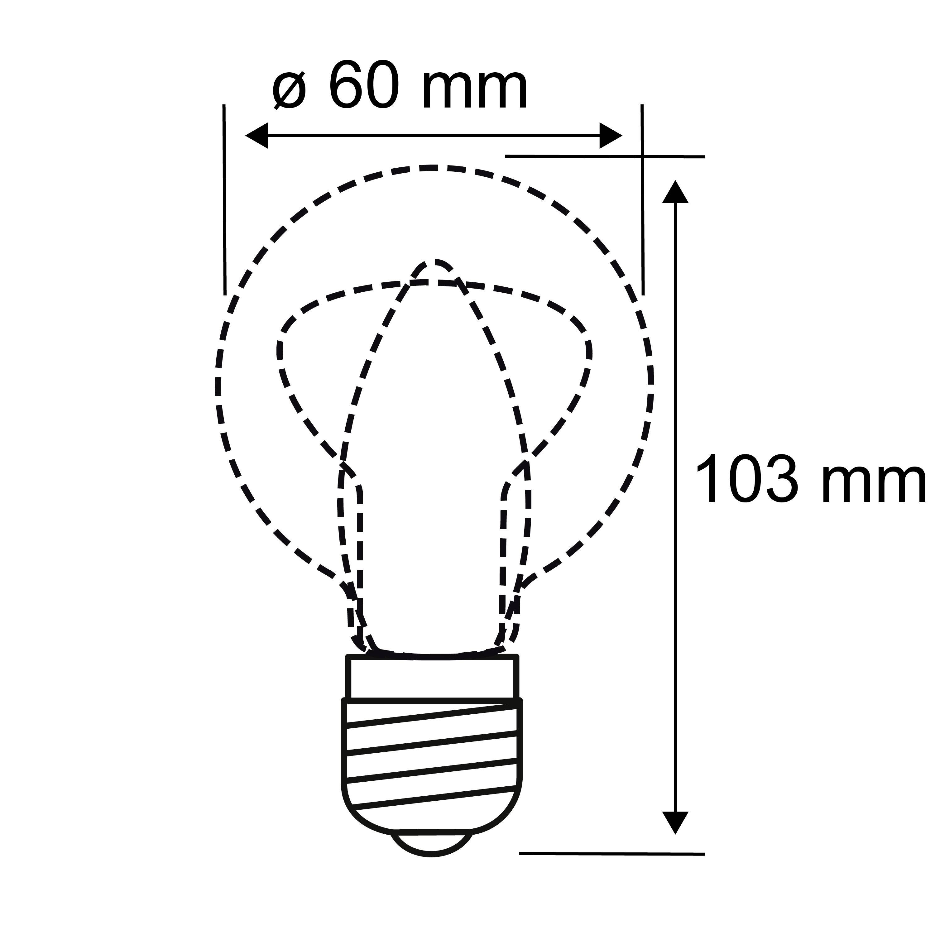 Skizze einer LED-Lampe mit Abmessungen. Gesamthöhe 103 mm, Durchmesser 60 mm. Zeigt die Form und Maße der Lampe an.