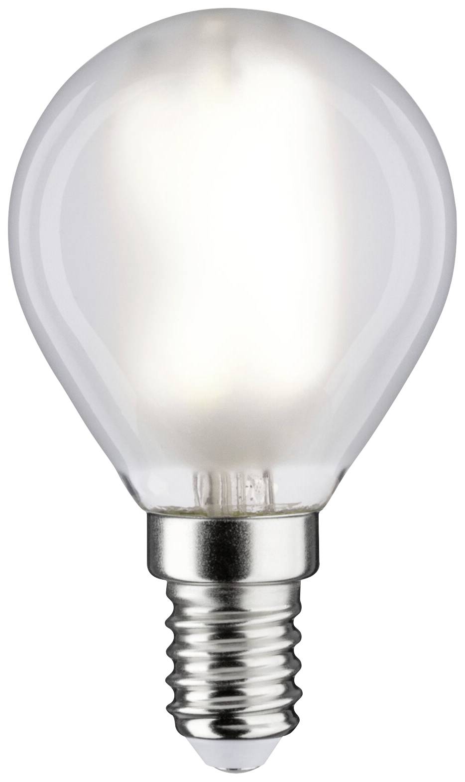 Klare Glühbirne mit weißglühendem Licht, E14-Schraubsockel, vor weißem Hintergrund.