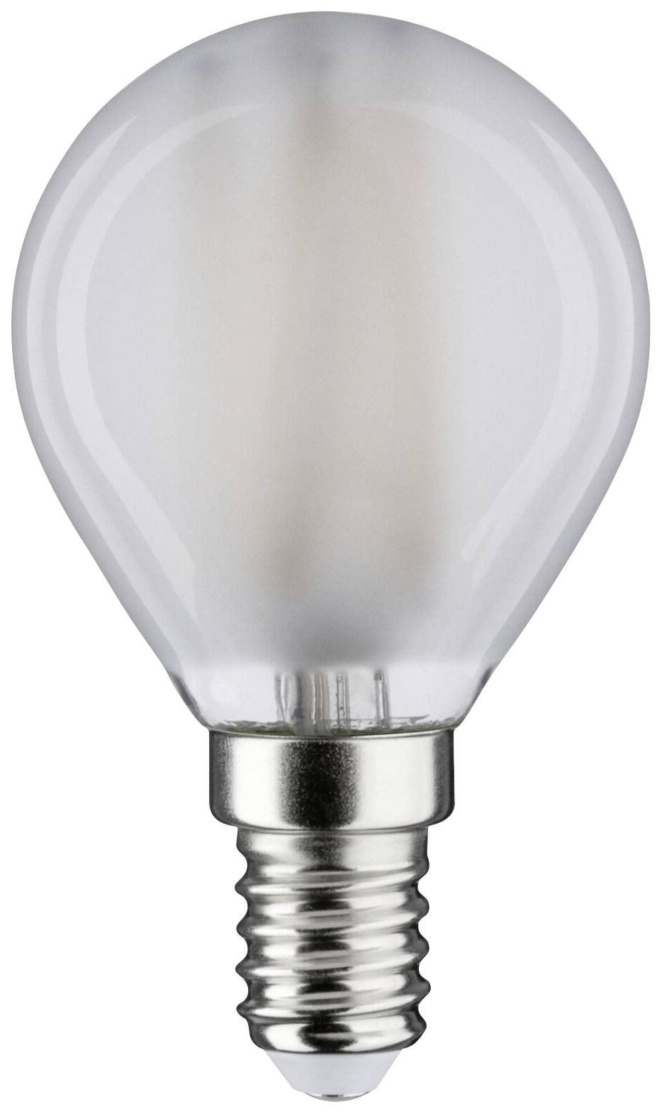 Eine einzelne Glühbirne mit E14-Sockel, klarer Glasoberfläche und sichtbarem Glühfilament.