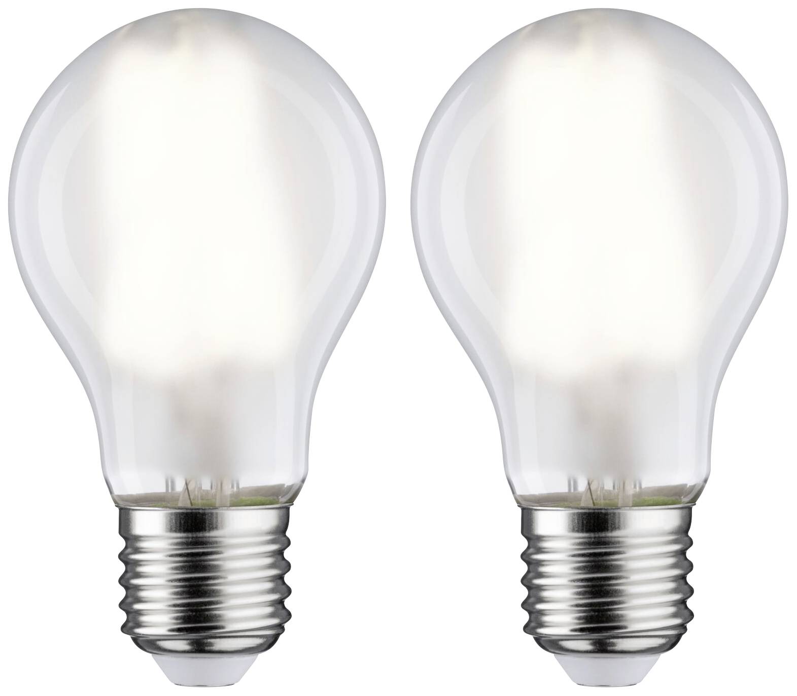 Zwei identische Glühbirnen nebeneinander, eingeschaltet, mit sichtbarem Glühfaden. Ideal zur Darstellung von Beleuchtung.