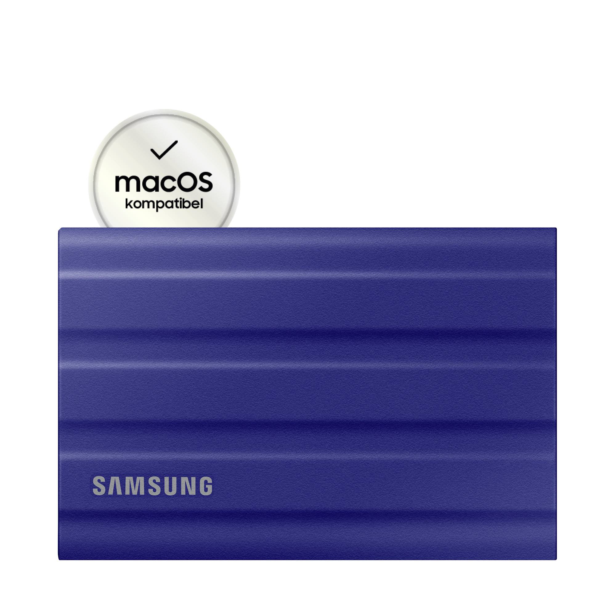 Externe Samsung SSD in Blau mit Text 'macOS kompatibel' in einem runden Symbol.