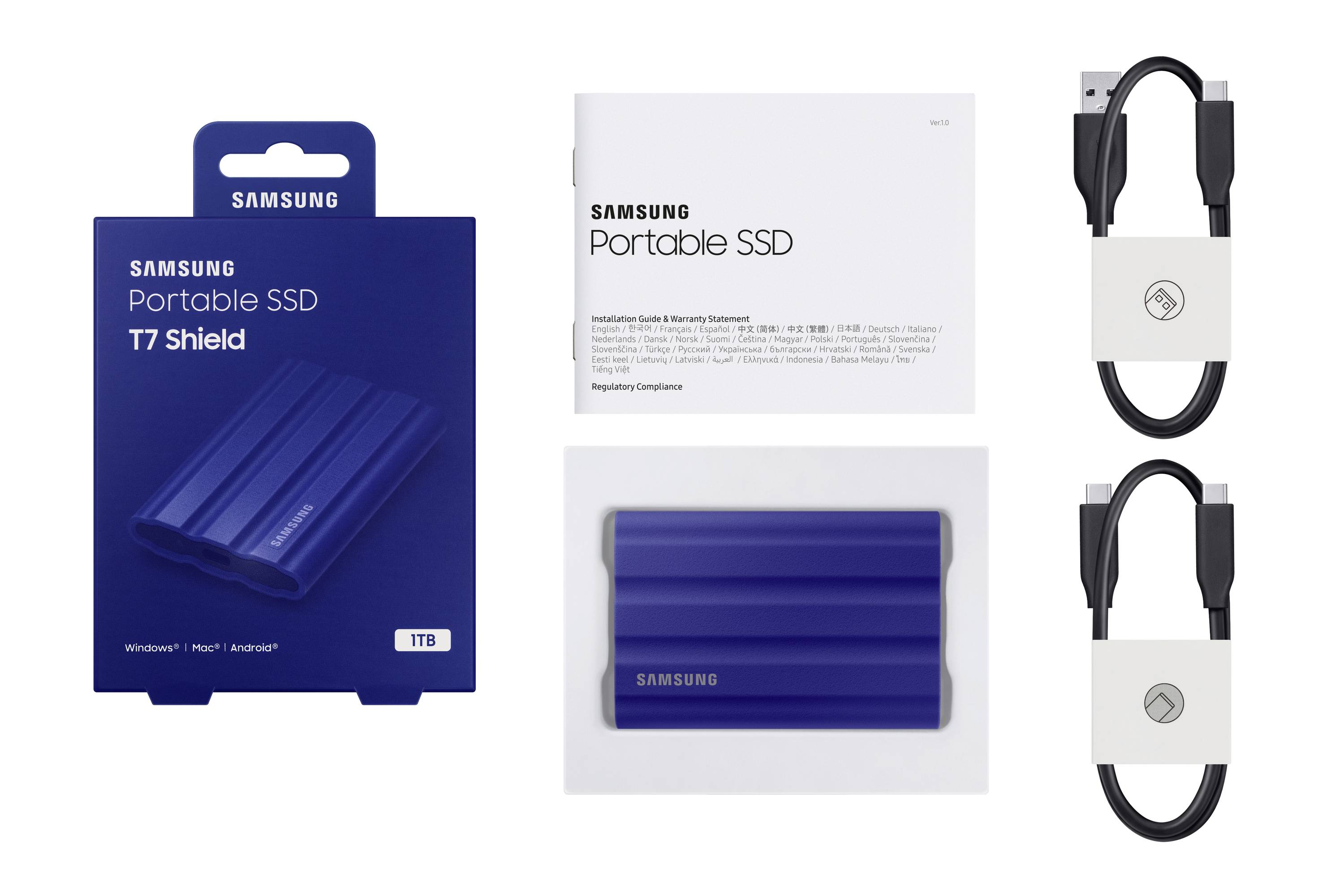 Samsung Portable SSD T7 Shield in Blau mit 1TB Speicherkapazität. Verpackung, Laufwerk, Installationsanleitung und zwei USB-Kabel.