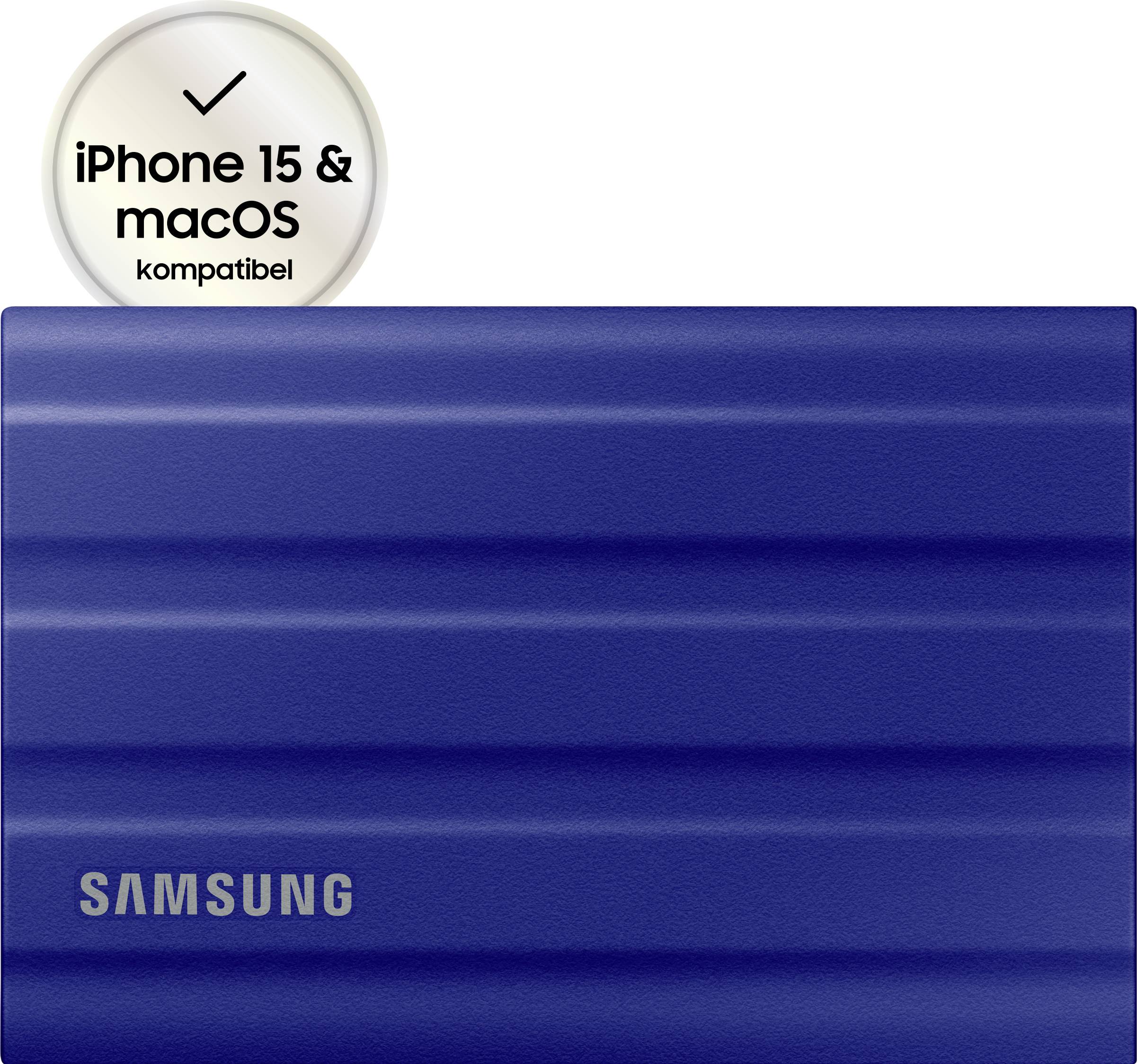 Externe, blaue Samsung SSD, kompatibel mit iPhone 15 und macOS.