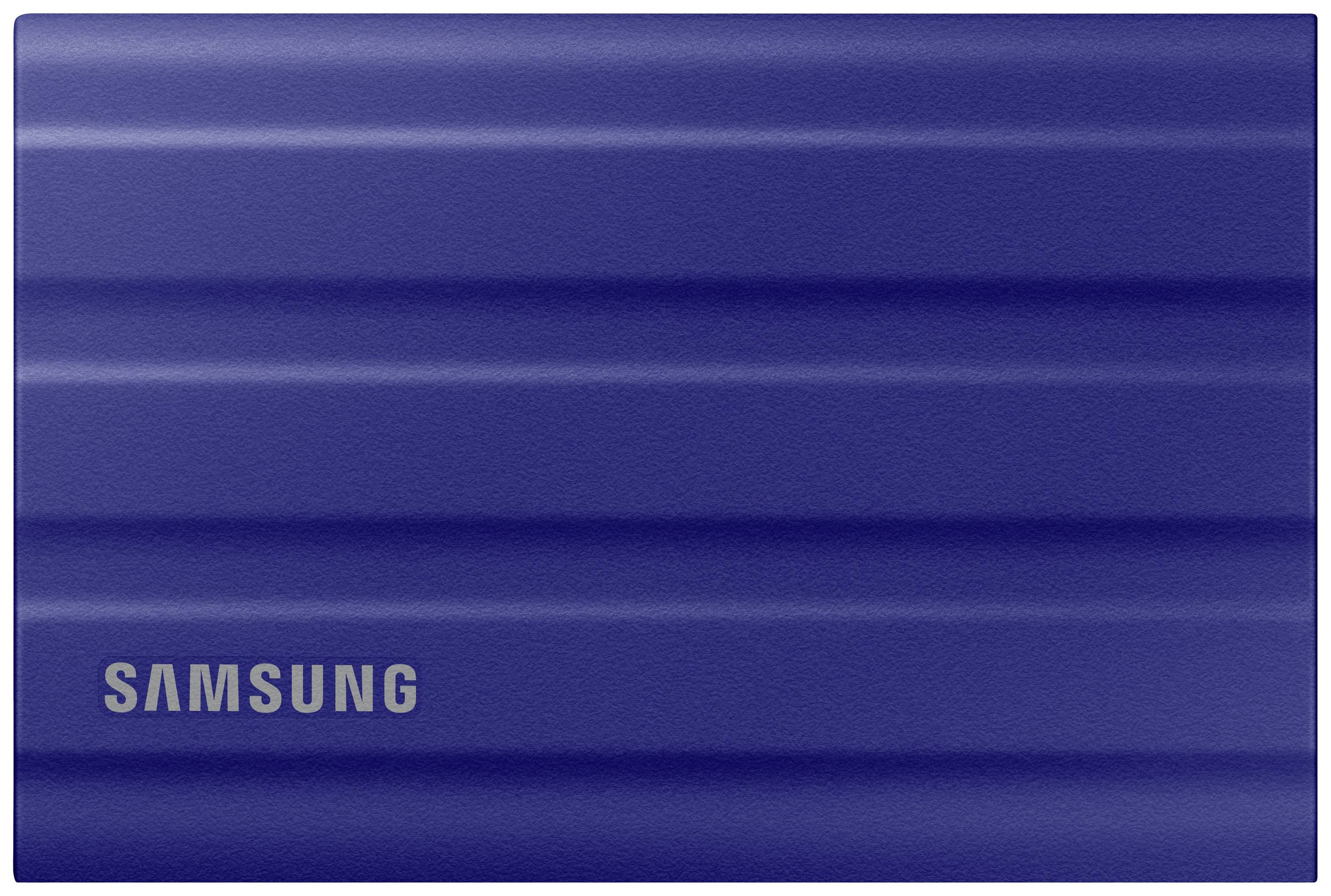 Externe Festplatte von Samsung in Dunkelblau, rechteckiges Design mit horizontalen Rillen.