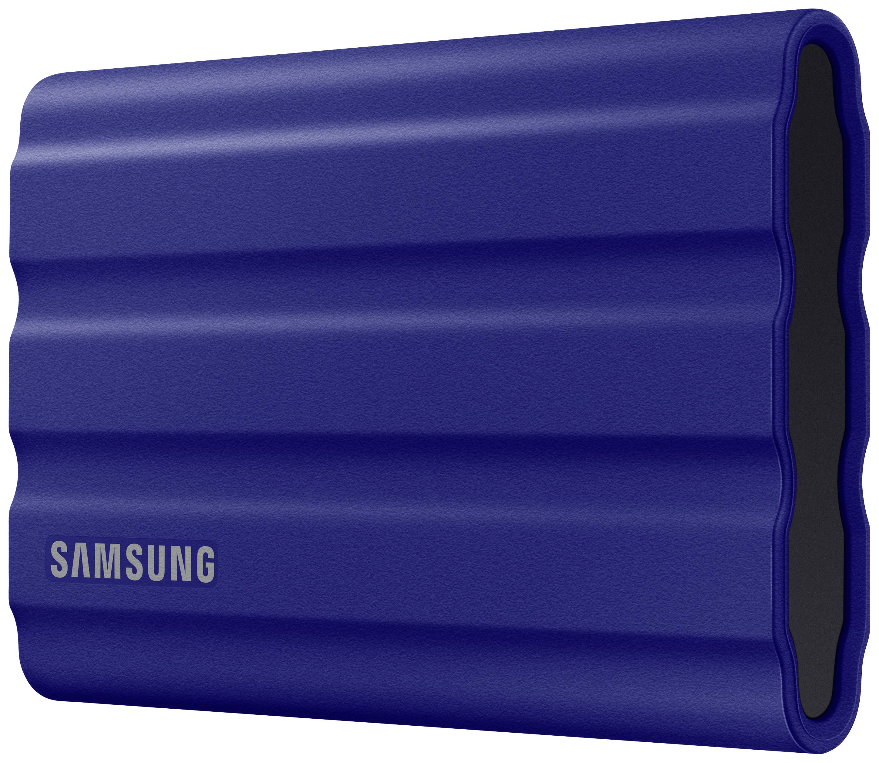 Externe Samsung-Festplatte in Blau mit geriffeltem Design. Sie ist kompakt und tragbar, ideal zur Datensicherung unterwegs.