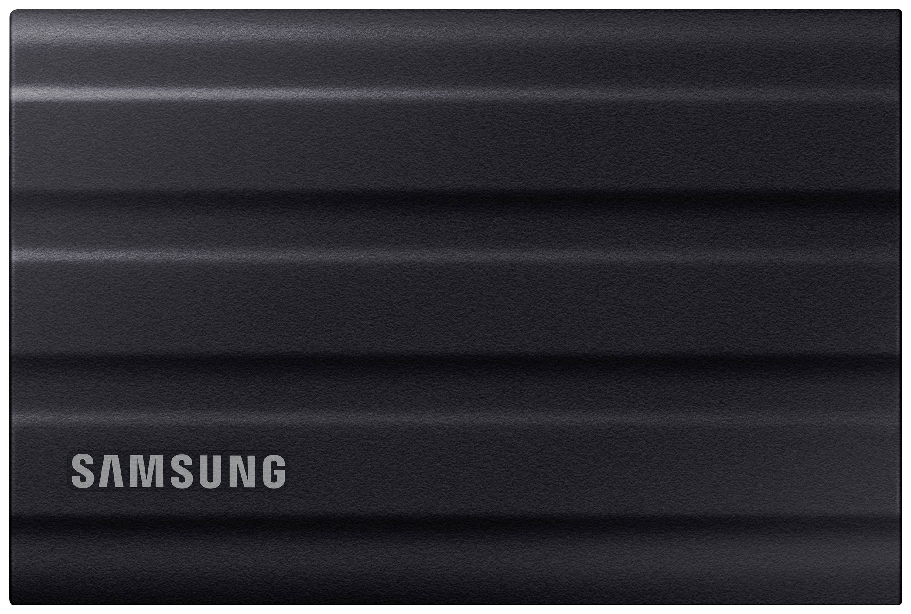 Externe schwarze Samsung SSD-Festplatte mit geriffelter Oberfläche.