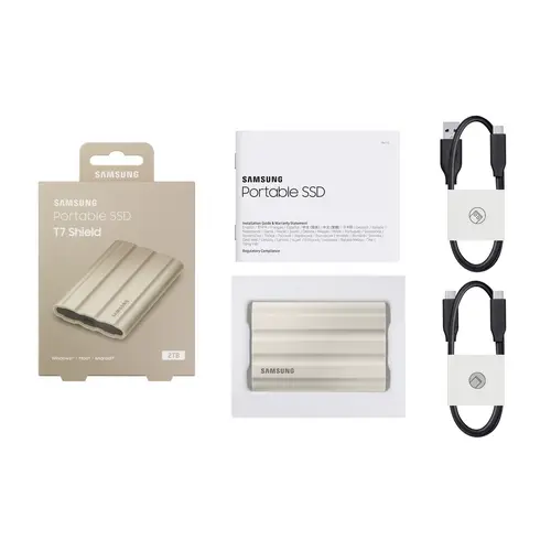 Samsung Portable T7 Shield 2 TB Externe SSD USB-A (USB 3.2 Gen 2) Beige PC/Mac MU-PE2T0K/EU Samsung Portable T7 Shield 2 TB Externe SSD USB-A (USB 3.2 Gen 2) Beige PC/Mac MU-PE2T0K/EU