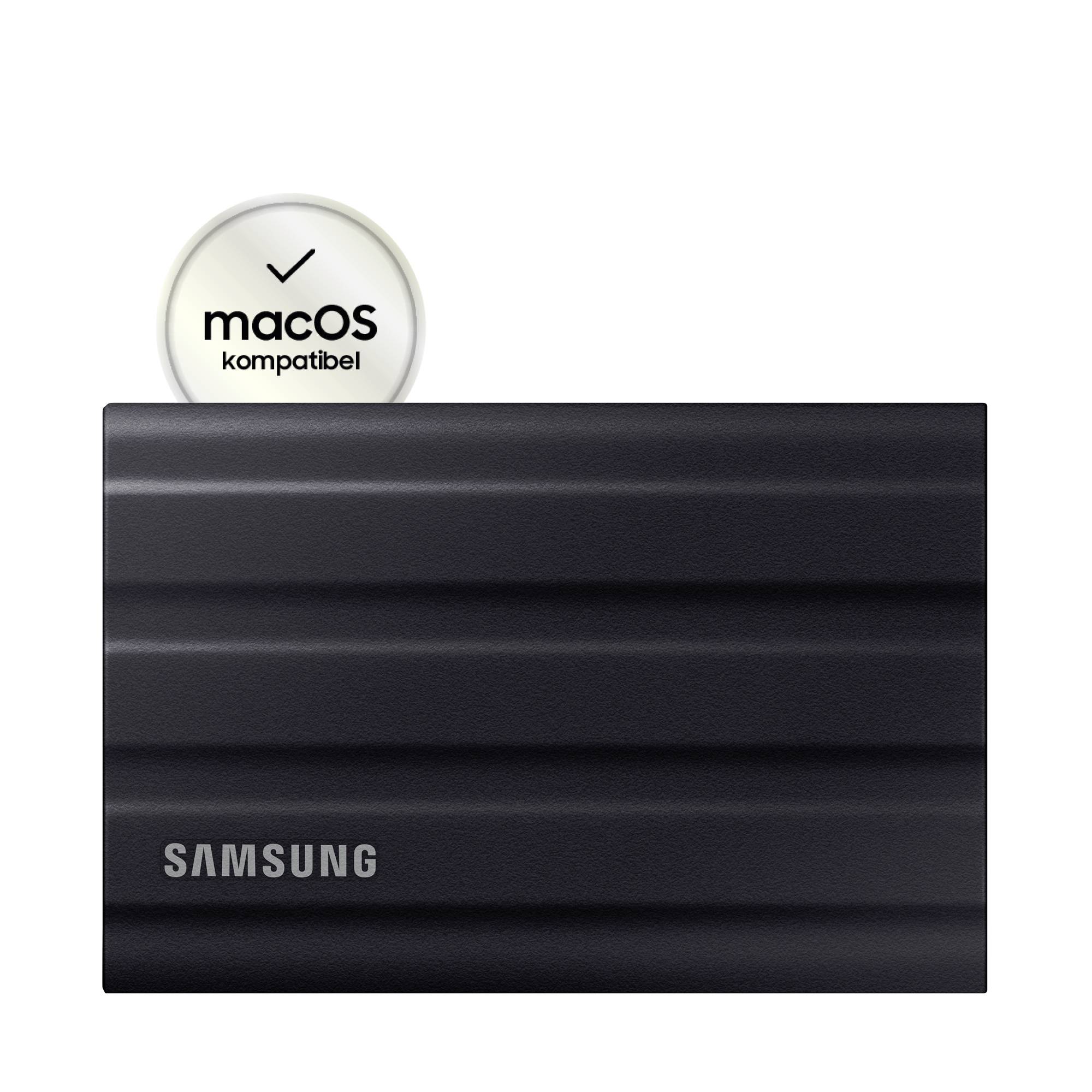 Eine externe Samsung-Festplatte in Schwarz. Oben ein rundes Siegel mit 'macOS kompatibel' und einem Häkchen.