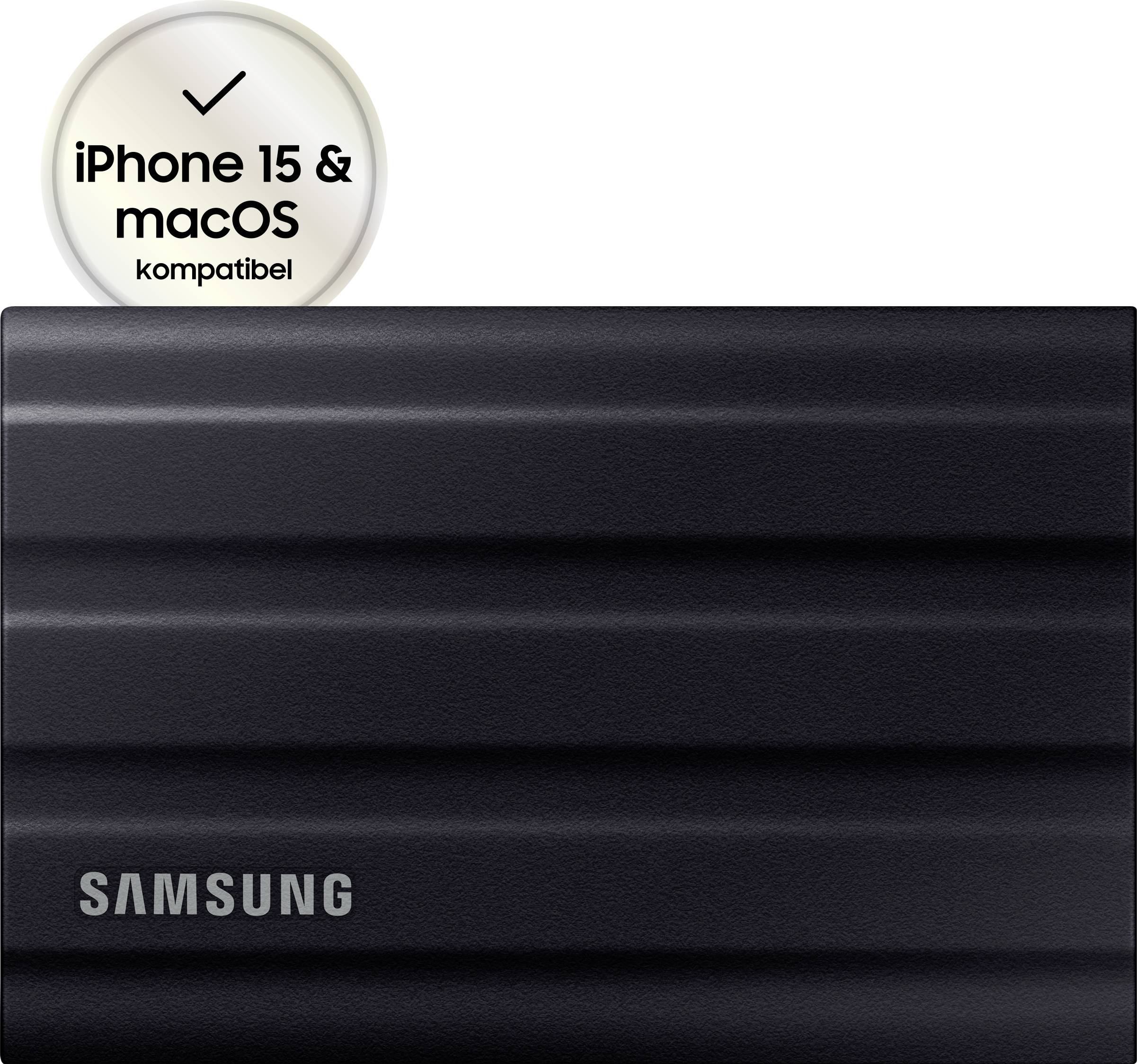 Externe Samsung SSD in Schwarz mit Schriftzug 'iPhone 15 & macOS kompatibel'.