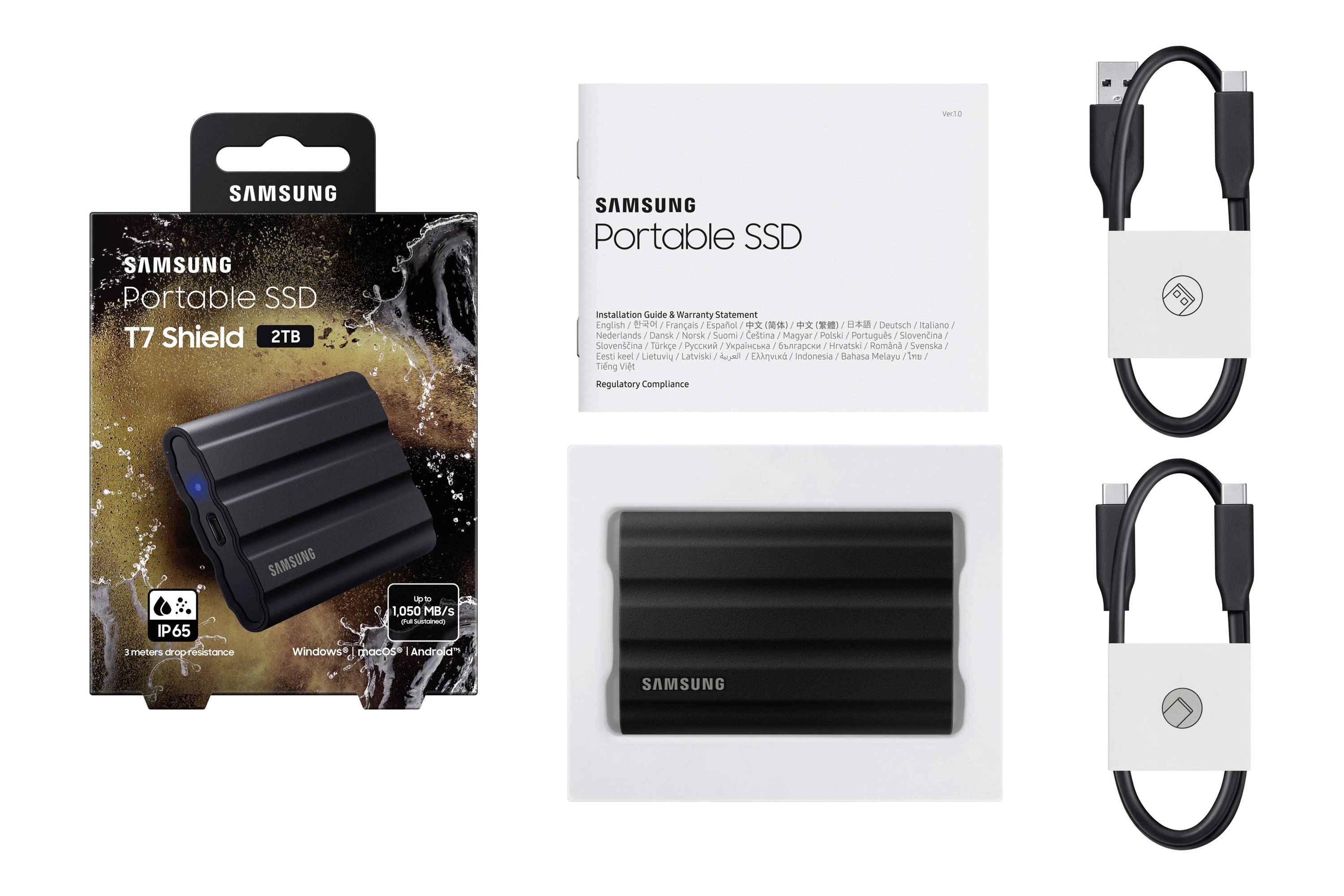 'Samsung Portable SSD T7 Shield 2TB' mit wasserfestem Design. Verpackung, Gerät, Anleitung und USB-Kabel abgebildet.