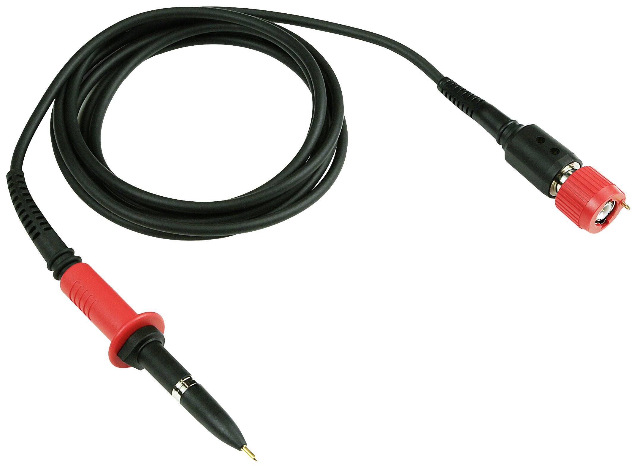 Stromprüfkabel mit schwarzem Kabel, rotem und schwarzem Stecker, typischerweise verwendet für elektrische Messungen oder Tests.